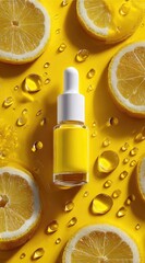 Yellow serum bottle surrounded by lemon slices and water droplets on a vibrant yellow background