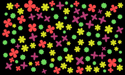 Abstract Pattern of Colorful Flowers and Star Shapes on a Black Background, Seamless floral pattern