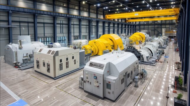 A modern industrial facility housing large machinery with advanced equipment and bright yellow components under high ceilings and bright lighting