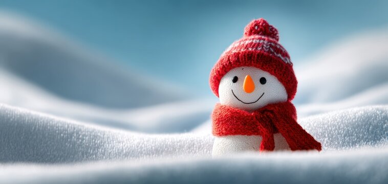 The Charming Snowman Wearing a Red Hat and Scarf against a Soft Winter Backdrop