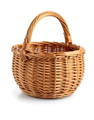 A small, round wicker basket with a handle