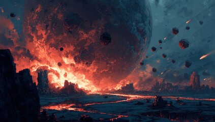 A fiery, volcanic alien landscape, with a large, fiery planet in the background and numerous smaller celestial bodies streaking through the night sky