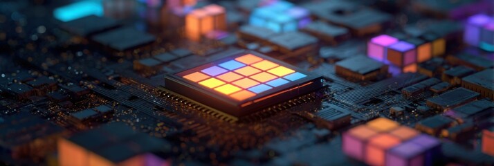 Close-up view of a colorful, glowing circuit board with a grid of illuminated squares