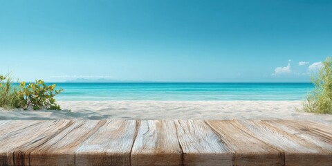 Fototapeta premium Wooden table on a sandy beach with turquoise ocean and clear sky