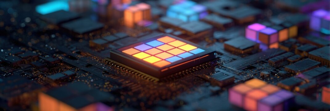 Close-up view of a colorful, glowing circuit board with a grid of illuminated squares