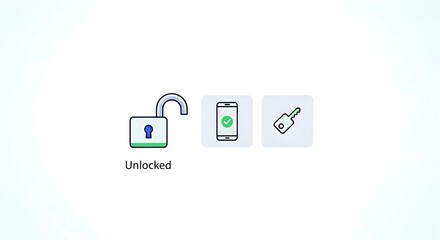 Obraz premium Simple modern graphic illustrating the concepts of unlocking and security, featuring icons for a lock, mobile device, and key on a clean white background