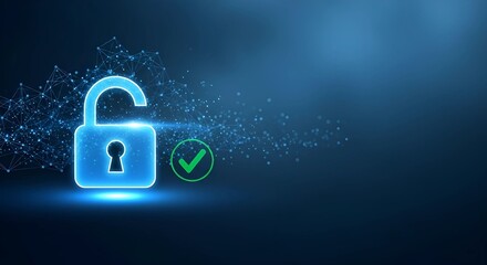 Digital security and cybersecurity concepts, an unlocked padlock with a green checkmark symbolizing data protection and privacy in a futuristic blue digital network background