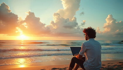 Man with curly hair works on laptop on beach at sunset. Remote freelance digital nomad enjoys tropical vacation. Wireless technology connects to cyberspace. Peaceful ocean waves, golden sky inspire