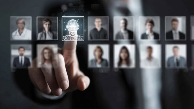 A business professional is interacting with a holographic robot in a sleek office. The background features digital portraits of colleagues showcasing modern technology in daily operations - Powered by Adobe