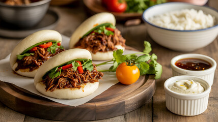 Asian Style Bao Buns with Barbecue Pork, Carrots, and Cilantro,delicious pork buns,pork buns with sweet savory filling,pork buns in wooden box, tasty bao buns with fried chicken, cilantro, food blog,A