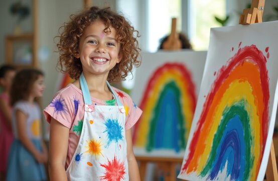 Joyful young boy with curly hair smiles in art class, wearing paint-splattered smock. Created colorful rainbow painting on canvas at school. Education activity fosters creativity, learning,