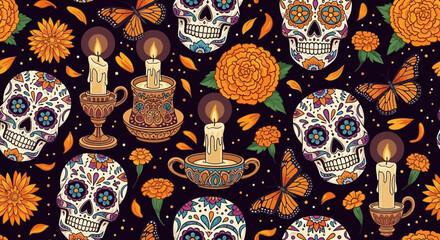 Day of the Dead Sugar Skulls and Marigolds Seamless Pattern.