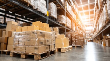 A warehouse filled with stacked cardboard boxes on pallets, organized on industrial shelves under bright lighting
