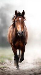Obraz premium Brown horse galloping towards the camera on a misty morning in the countryside