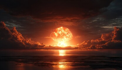 A fiery, nuclear explosion moonrise over a dark sea, ominous clouds fill the sky