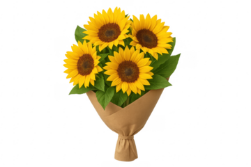 Bouquet of sunflowers wrapped in brown paper on transparent background