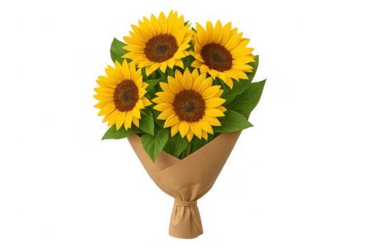 Bouquet of sunflowers wrapped in brown paper on transparent background