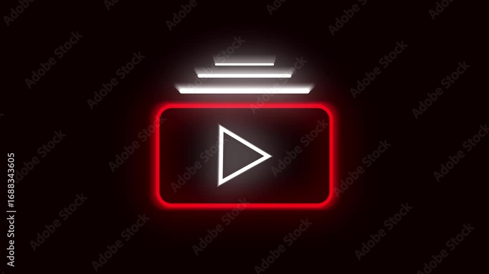 Poster glowing red neon play button animation modern abstract background 4k hd seamless. animated red neon 