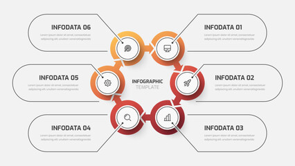 Circle Business Infographic Template with Gradient Color, Line, Arrow, 6 Options, and Icon