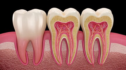 A 3D illustration showing the anatomy of human teeth, including enamel, dentin, pulp, nerves, and roots in a cross-sectional view