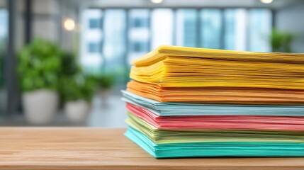 A stack of colorful paper sheets is neatly arranged on a wooden desk with a blurred modern office background