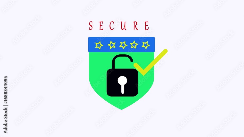 Poster cybersecurity animated unlocked padlock shield icon motion graphics data protection. minimalist unlo