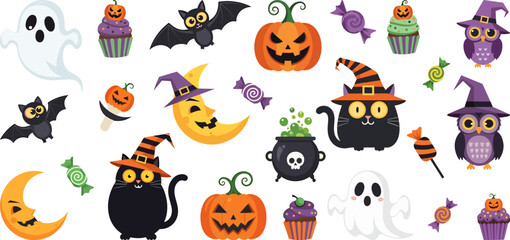 Cute Halloween cartoon icons with black cats, pumpkins, ghosts, owls, bats, candy, cupcakes, and cauldron – colorful festive clipart for kids and seasonal design