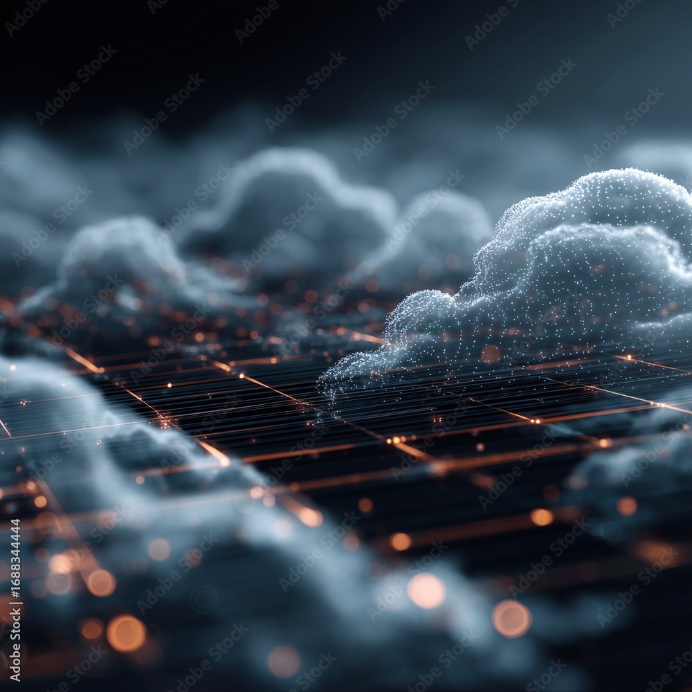 Poster data clouds: an abstract depiction of data clouds and networks against a dark backdrop, highlighting