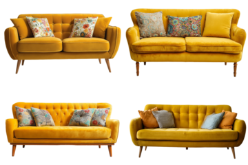 Four yellow sofa isolated on transparent background, perfect for adding text or logos to create eyecatching designs and presentations