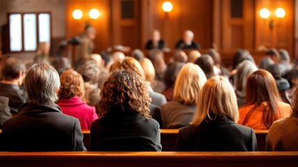 A group of people sits in a courtroom, attentively listening to proceedings at the front under warm lighting