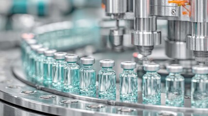 Vials filled with vaccine are seen moving along a conveyor belt in a modern manufacturing facility. The assembly line is active, showcasing precision and efficiency in production