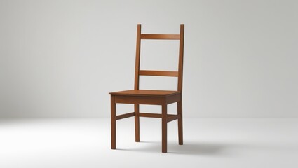 A simple wooden chair presented in a minimalist, neutral setting.