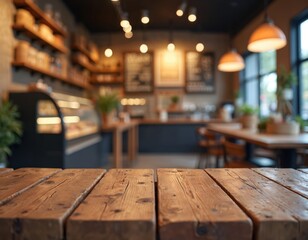 Foreground rustic wooden table surface before blurred cafe interior background. Includes display counter, seating, and warm lighting. Ready for product placement, food promotion, or lifestyle scenes.
