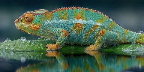 Obraz premium Colorful chameleon resting on a dewy leaf near a calm water surface during early morning hours