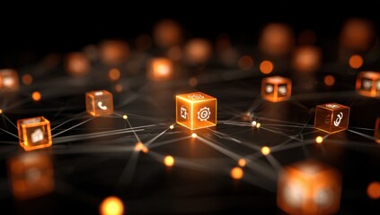 Orange cubes with app icons connected by a network of lines on a dark background