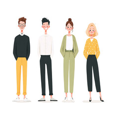 Fototapeta premium Four diverse friends standing confidently in stylish outfits, showcasing friendship.