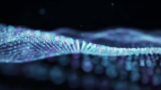 Abstract digital data waves with binary code, representing technology, big data, and information flow. Futuristic concept of computing and network connections.