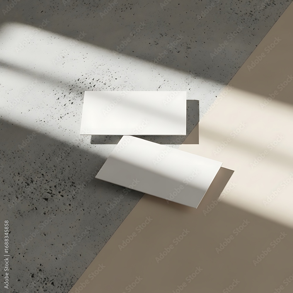 Poster two blank white business cards casting shadows on a textured surface with diagonal color blocks and 