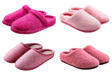 Four pairs of pink fluffy slippers isolated on transparent background, providing comfort and relaxation for cozy indoor moments at home or in a hotel