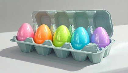 Colorful Easter eggs in carton on a bright surface