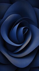 Abstract close-up of a navy blue, sculptural rose-like form, composed of layered, spiraling petals, creating a sense of depth and intricate design