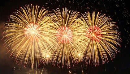 A vibrant display of fireworks against a dark night sky.  Clusters of gold and red bursts illuminate the black background
