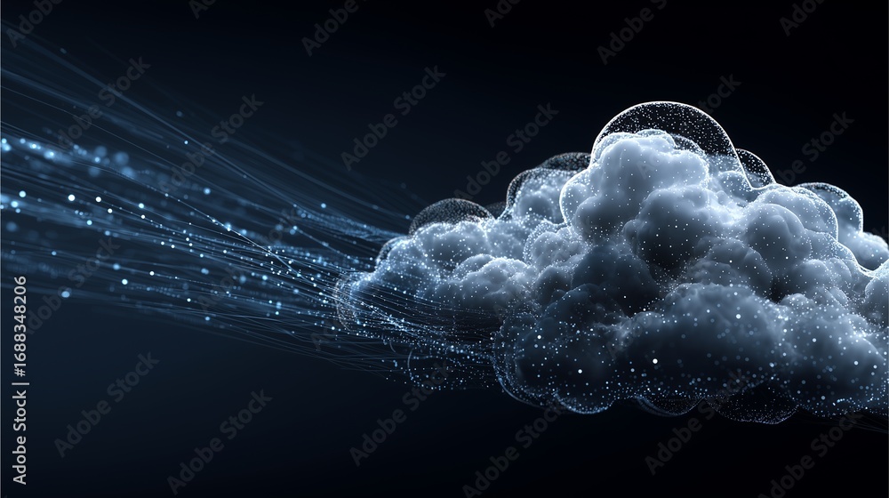 Poster digital cloud visualization: a stunning digital depiction of a cloud, rendered in shimmering particl
