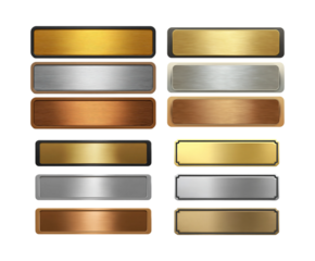 Collection of metal nameplates isolated on transparent background, showcasing gold, silver, and bronze textures, perfect for adding a touch of elegance