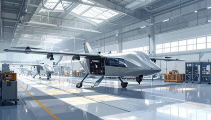 Modern, light-gray aircraft meticulously displayed within a spacious, bright hangar.
