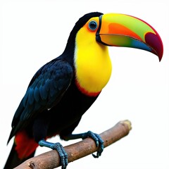 Fototapeta premium Keel-billed toucan perched on branch, vibrant yellow, orange, green, blue plumage against pure white backdrop. Exotic tropical bird, native to rainforests, features large colorful beak, intricate