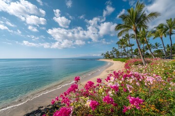 A stunning beach scene, with palm trees and vibrant pink flowers along the shore. 