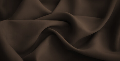 Obraz premium Elegant crumpled fabric.Chocolate Martini 2025 pantone color. Matte silk satin material with wavy folds. Neutral chocolate black coffee brown. Wood, cedar, umber, taupe, wenge, deep winter hues.Macro
