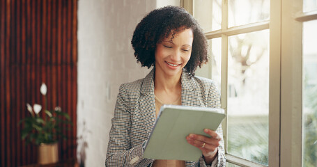 Tablet, smile and research with business woman in office for social media marketing, campaign and...