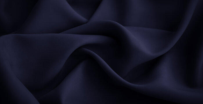 Luxury silk satin fabric background. Fashion elegant dark shade of blue and black. Waves and folds on the lined material. Blackberry, indigo, midnight, space, denim, marine blue, cobalt blue, aegean